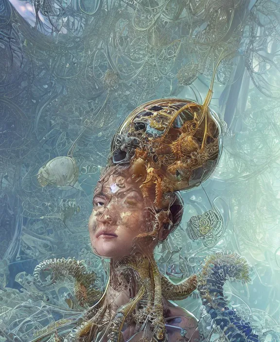 Image similar to intricate ornate opulent transparent clear see - through portrait of a playful beautiful starfish mollusk beetle, fractal, adorable, childlike, overgrown biopunk jungle environment, ultra realistic, concept art, art nouveau, photorealistic, octane render, 8 k, unreal engine. art by christopher marley and artgerm and greg rutkowski and alphonse mucha