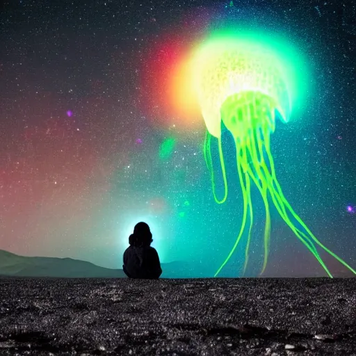 Image similar to over the shoulder photo of a man watching a magic cosmic glowing jellyfish in glowing cosmic stardust, colorful stars, galaxies, space, award winning photo, intricate, high detail, atmospheric, desolate