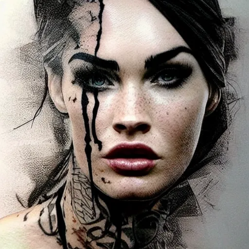 Prompt: megan fox face blended in beautiful mountains, double exposure effect, medium sized tattoo sketch, amazing detail, trending on pinterest, in the style of brandon kidwell