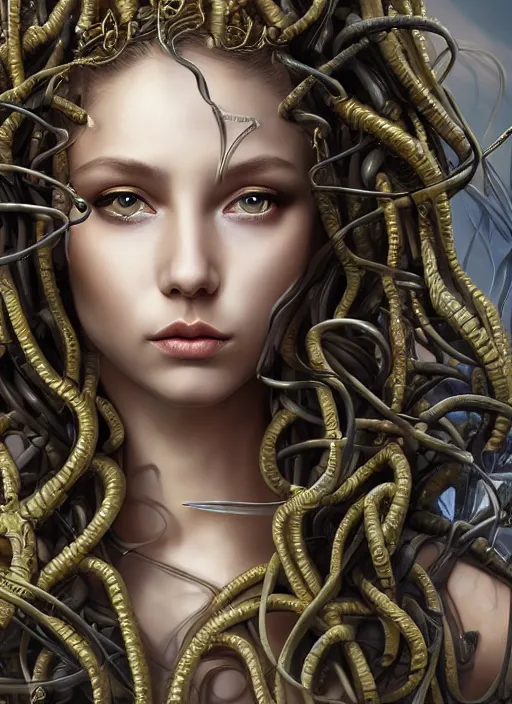 Prompt: high intricate portrait of medusa with cybernetic enhancements, maria panfilova, andrea savchenko, mike kime, ludovic plouffe, qi sheng luo, oliver cook, makoto shinkai, trending on artstation