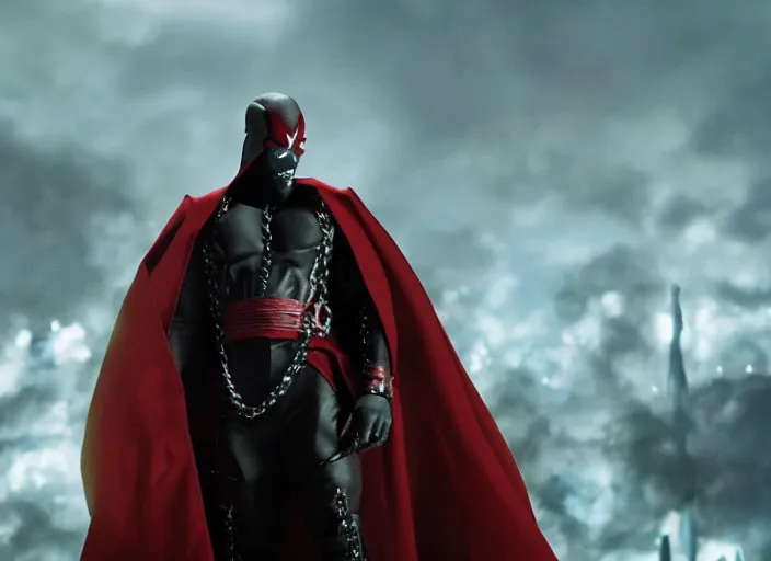 Image similar to film still of jamie foxx as spawn in the new spawn movie, giant chains, large cape, 8 k