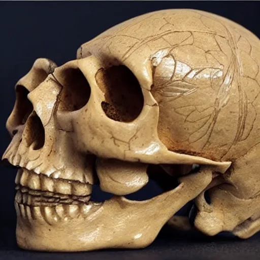 Image similar to intricately carved human skull, intricate ornament, gilding