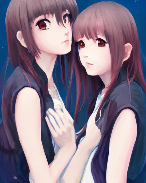 Image similar to portrait of two girls kissing, anime, trending on Artstation