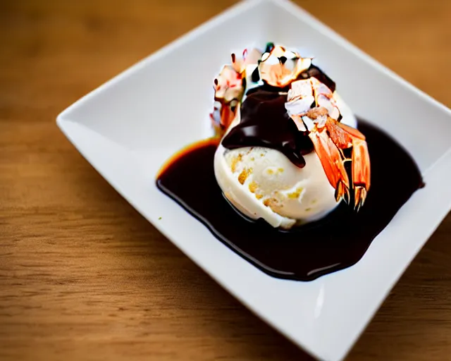 Image similar to dslr food photograph of vanilla ice cream with shrimp on, some chocolate sauce, 8 5 mm f 1. 4