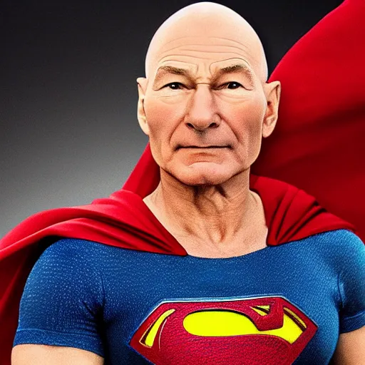 Image similar to Patrick Stewart as Superman, real photo, realistic, clean background