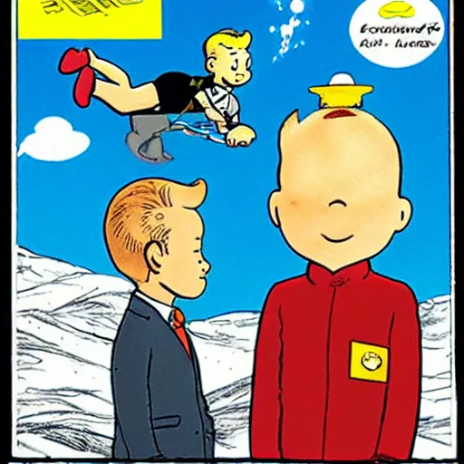Image similar to comic cover of tintin and snowy in kazakhstan with borat