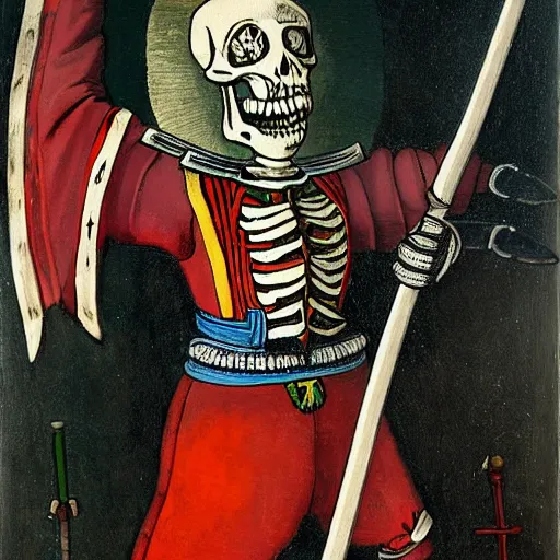 Image similar to skeleton in a colourful landsknechts uniform, wielding a sword, rennaissance painting