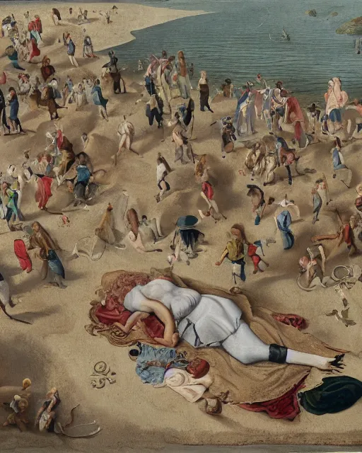 Image similar to the gigantic clothed body of gulliver, a young man from the early 1 7 th century, lies unconscious on a lilliputian beach, surrounded by thousands of tiny lilliputians wearing strange clothes. gulliver is dressed in early 1 7 th century male clothing designed in the style of sandy powell. hyperreal and cinematic, photorealistic, gulliver ’ s travels