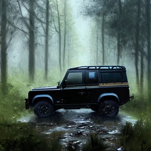 Image similar to a landrover crossing a forest path while its raining, digital art, artstation, photgraphy, highly detailed, digital painting, artstation, concept art, sharp focus, illustration, art by greg rutkowski and artgerm