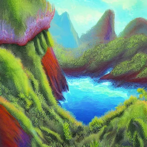 Image similar to digital painting of a lush natural scene on an alien planet by alayna danner. beautiful landscape. weird vegetation. cliffs and water.