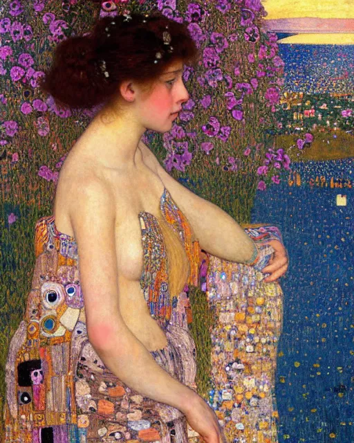 Image similar to a beautiful girl watching the sunset surrounded by colourful intricate patterns, by gustave klimt edgar maxence and caravaggio and michael whelan, intricate painting, hyper realistic, extremely detailed and beautiful aesthetic face, 8 k resolution