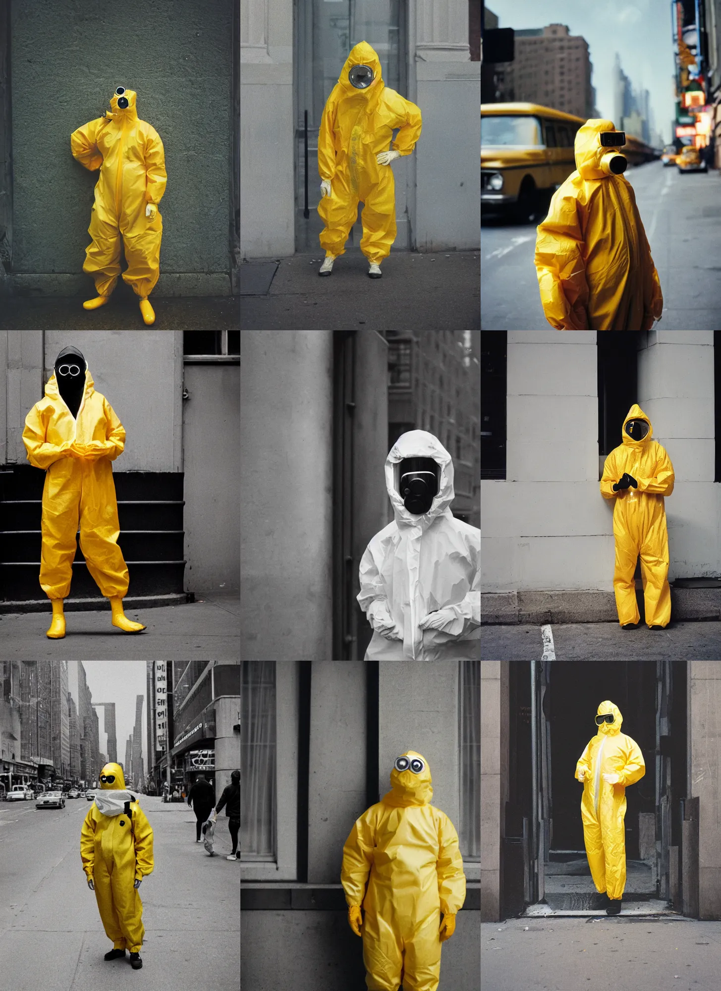 Prompt: medium format film portrait of an anthropomorphic banana wearing hazmat suit in new york by street photographer from the 1 9 6 0 s, hasselblad film bokeh, unsplash, soft light photographed on colour expired film