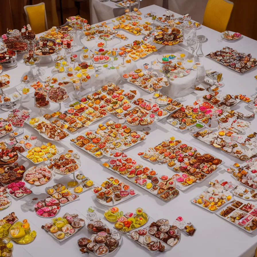 Image similar to a table with a white map full of sweets and bite sized deserts. highly detailed 8 k. intricate. nikon d 8 5 0 3 0 0 mm. award winning photography.