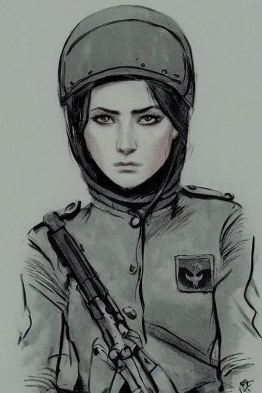 Prompt: beautiful portrait of a young ukrainian female soldier, frank miller style, sketch