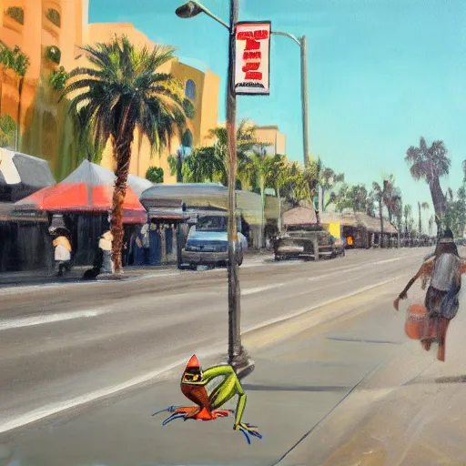 Prompt: painting of a bipedal frog walking away from the camera, down a busy street in los angeles, street vendors, palm trees,