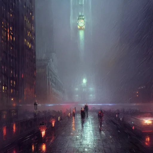 Image similar to nighttime in gotham city, wet pavement, rooftop view, light mist, fantasy, intricate, elegant, digital painting, trending on artstation, concept art, soft focus, illustration by greg rutkowski, Gaston Bussiere and artgerm, 4k.