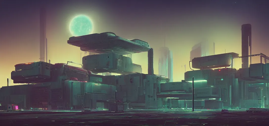 Image similar to futuristic abandoned cyberpunk brutalist power station at night, ray tracing, sci - fi, galaxy sky, digital art by beeple and simon stalenhag