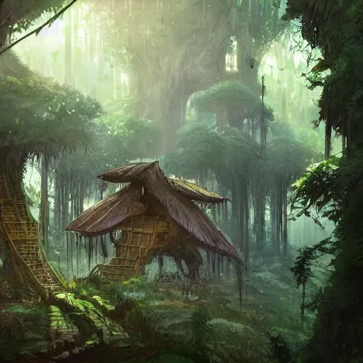Prompt: concept art science fiction fantasy painting of a forest with treehouses made of trees and roots, treehouses inside trees, vines, deep forest, realistic, detailed, cel shaded, in the style of makoto shinkai and greg rutkowski and james gurney