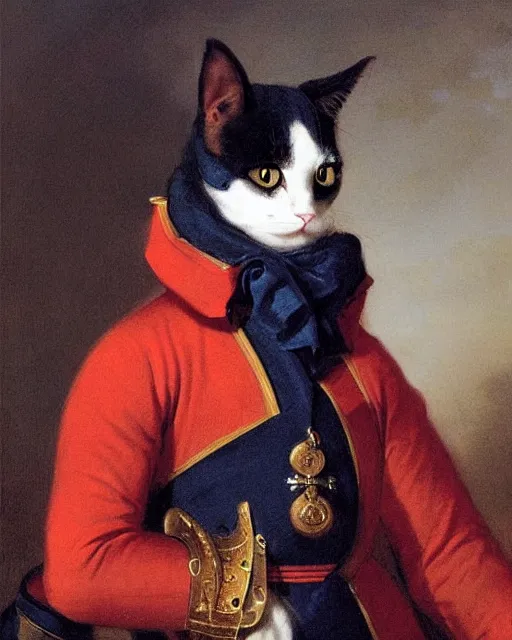 Image similar to portrait of cute brown cat with serious expression wearing 1 8 th century royal guard uniform in navy blue and red, joseph ducreux, greg rutkowski