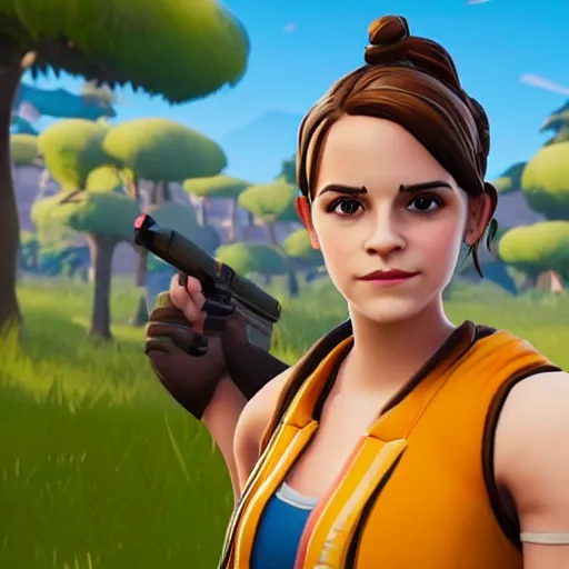 Image similar to emma watson as fortnite character, gameplay screenshot