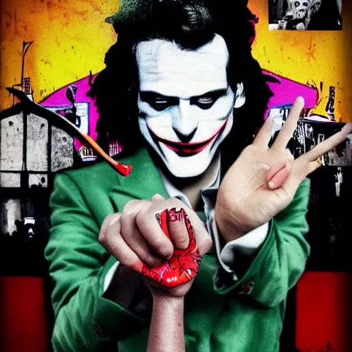 Image similar to mimmo rottela and banksy as joaquin phoenix skinny joker holding hand lady gaga harley queen, photorealistic, intricate details, pop art style, concept art, details object, random object movement, 3 colors, 4 k, 4 d, smooth, sharp focus