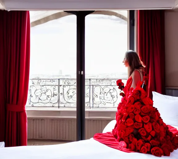 Prompt: the inside view of the inside of a hotel room in paris with a beautiful lady in a red dress peering outside on the balcony and a man in a white dress shirt laying on a bed covered with roses, candles around the room, soft lighting, romantic, soft art, 4 k, realistic, detailed