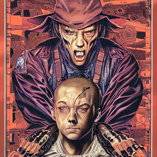 Image similar to portrait of crazy eminem, symmetrical, by yoichi hatakenaka, masamune shirow, josan gonzales and dan mumford, ayami kojima, takato yamamoto, barclay shaw, karol bak, yukito kishiro