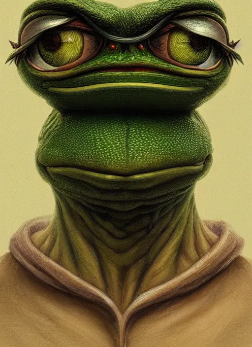 Image similar to pepe the frog!!!, male, sad, depressed, portrait, intricat, highly detailed, digital painting, artstation, concept art, wallpaper, smooth, sharp focus, illustration, art by h. r. giger and artgerm and greg rutkowski and alphonse mucha