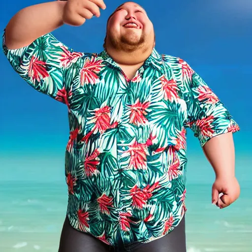 Image similar to happy fat man in a hawaiian shirt and roller skates