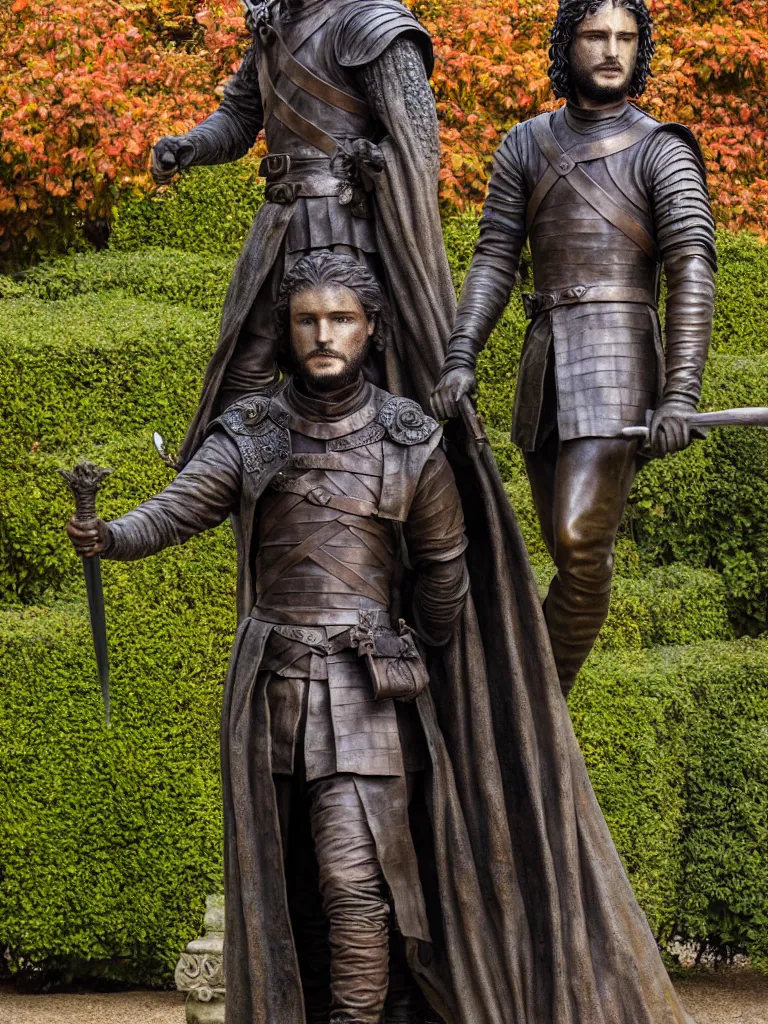 Prompt: detailed photo of old bronze patina statue of jon snow, game of thrones, super highly detailed, full body view, various poses, the garden of a castel in background, photorealism, intricate detail, museum diffuse lighting, autumn sunlights