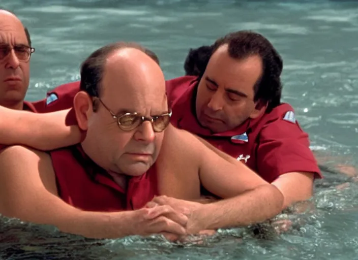 Image similar to film still of george costanza being rescued by a lifeguard in the new seinfeld episode, 4 k