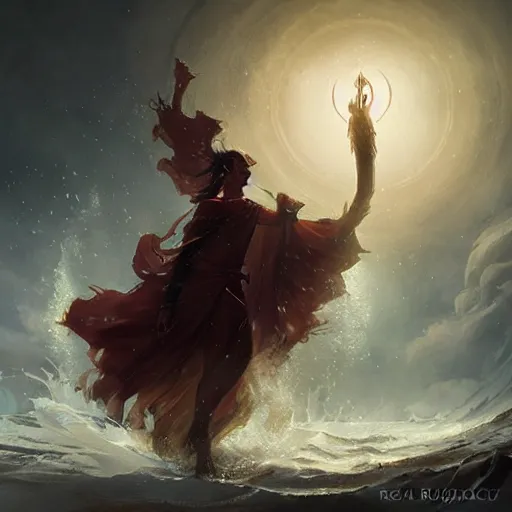 Prompt: tsunami magic spell, epic fantasy style, in the style of Greg Rutkowski, mythology artwork