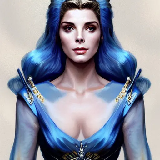Image similar to Ashley Greene's face combined with Grace Kelly's face with blue hair wearing Final Fantasy Armor, western, D&D, fantasy, intricate, elegant, highly detailed, digital painting, artstation, concept art, matte, sharp focus, illustration, art by Artgerm and Greg Rutkowski and Alphonse Mucha