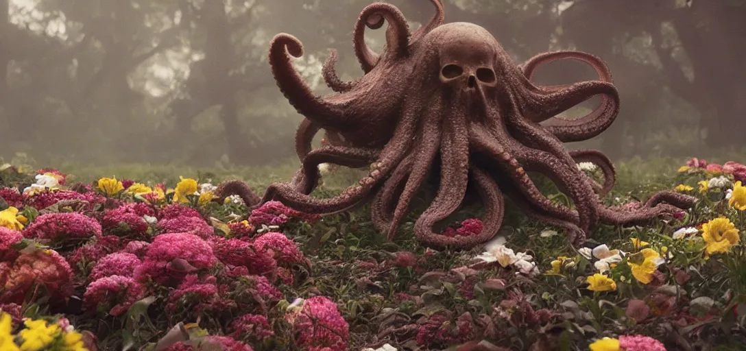 Prompt: an octopus in the shape of a skull surrounded by flowers at dawn, disposable camera, foggy, cinematic shot, photo still from movie by denis villeneuve, wayne barlowe