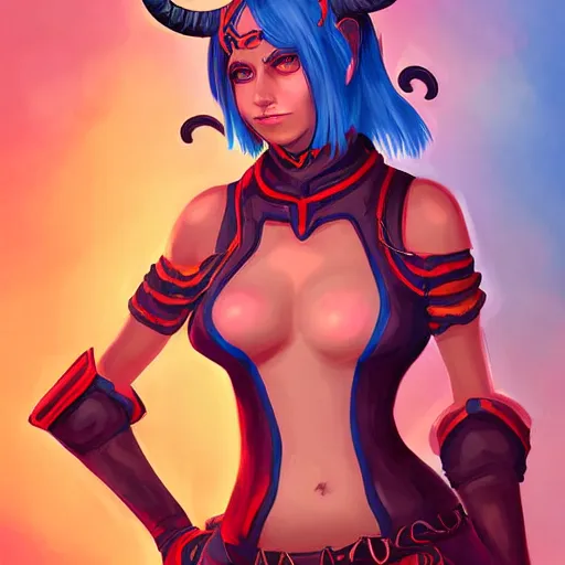 Prompt: illustrated portrait of youthful female feminine horned tiefling female bard with long blue bob cut hairstyle, her skin is orange and tanned, and her eyes are pure black orbs, and she is wearing colorful leather armor by rossdraws,