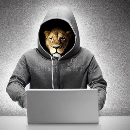 Prompt: lion in a hoodie hacking on a laptop, stock photography