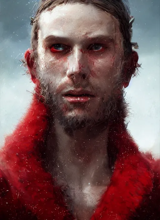 Image similar to portrait of a medieval man in a torn red fur coat, highly detailed, fantasy, godrays, cinematic lighting, close up, volumetric, realistic, digital art by greg rutkowski