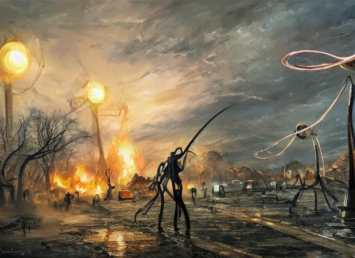 Image similar to the war of the worlds movie, oil painting by jama jurabaev, extremely detailed, brush hard, artstation, for aaa game, high quality, brush stroke