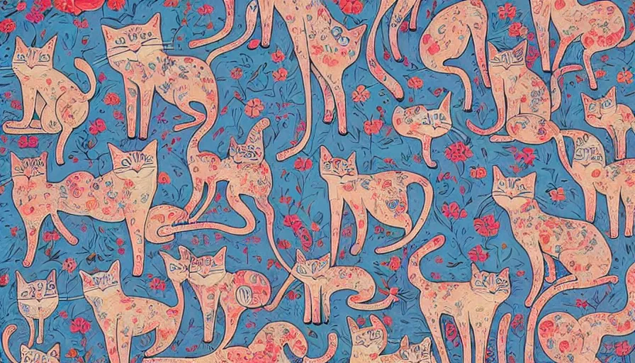 Image similar to artwork of really tall sitting cats by james jean, thick brush, 4 k resolution, floral background