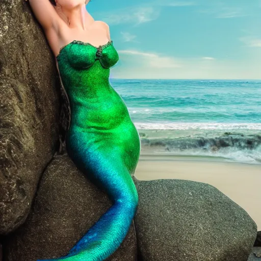 Prompt: elegant mermaid lady on a rock in the ocean, green and blue scales, red hair