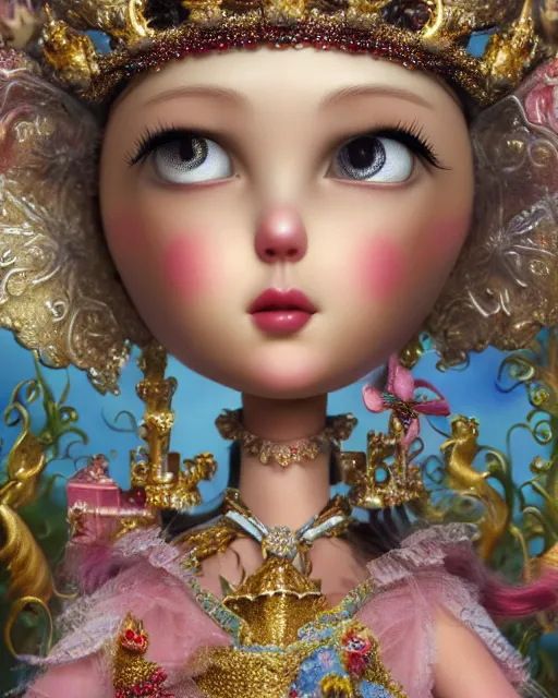 Image similar to highly detailed closeup, face profile portrait of a tin toy fairytale princess wearing a crown and sitting on a throne, bikini, depth of field, fashion photoshoot by nicoletta ceccoli, mark ryden, lostfish, dan decarlo, bob clampett, max fleischer, breathtaking, detailed and intricate environment, 8 k resolution, hyperrealistic, octane render