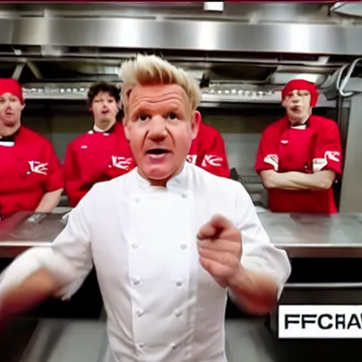 Image similar to gordon ramsay yelling at kfc employees in the kfc kitchen on kitchen nightmares. the employees are lined up and in their kfc uniforms. 4 k broadcast