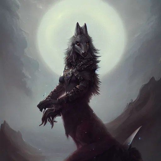 Image similar to anthropomorphic wolf woman wearing armor, digital painting, fantasy, ethereal, brooding, hellish background, art by peter mohrbacher, trending on artstation