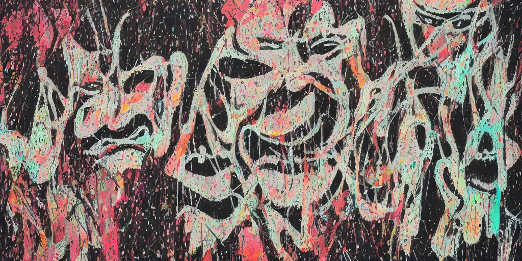 Image similar to camo made of teeth, smiling, abstract, francis bacon artwork, tribal, neon, cryptic, dots, stipple, lines, splotch, color tearing, pitch bending, faceless people, dark, ominous, eerie, minimal, points, technical, old painting