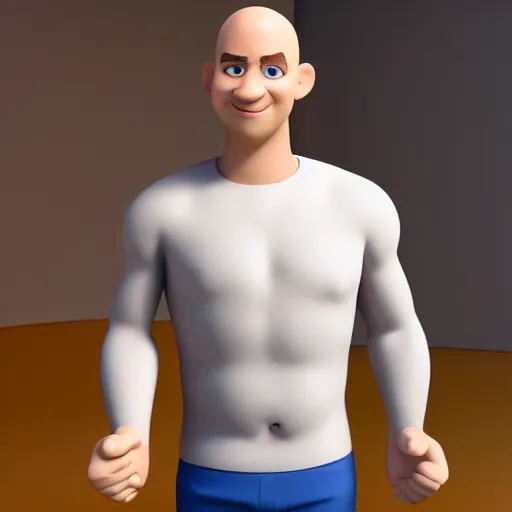 Image similar to handsome thin athletic white man with short buzzed thinning hair, facial stubble and blue eyes posing, depicted as a Pixar character, high quality cg render, 4k