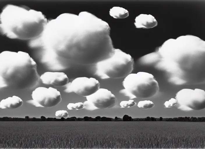 Prompt: realistic scientific documentary photo of an group of midgets morphing into white fluffy clouds, field, front view 1 9 9 0, life magazine reportage photo, metropolitan museum photo