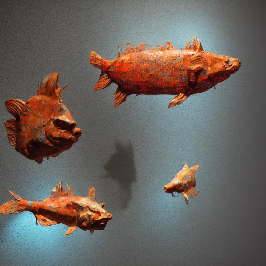 Image similar to hyperrealistic sculpture of a bronze ancient fossilized horned cave fish with opalescent blue and iridescent red spraypaint in a plywood grid cage on a pedestal by ron mueck and duane hanson and lee bontecou, hyperrealistic dramatic colored lighting trending on artstation 8 k