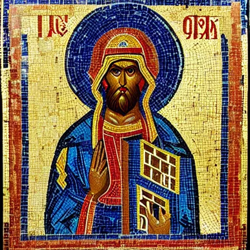 Prompt: Zelenskii, orthodox iconography, mosaic, 14th century