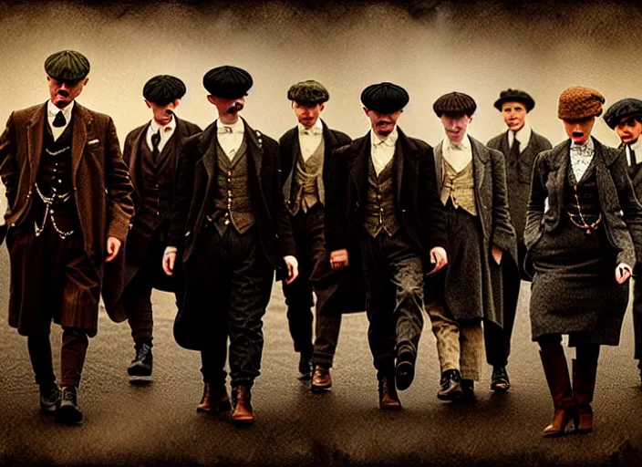 Image similar to peaky blinders crew made of shimps, poster, matte painting, 3 - d highly detailed, in the style of mark ryden,