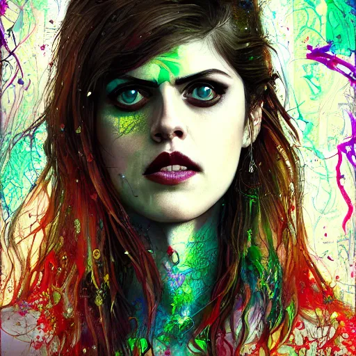 Image similar to a Demon Slayer portrait of Alexandra Daddario, tall, pale-skinned, slender with lime green eyes and long eyelashes by Stanley Artgerm, Tom Bagshaw, Arthur Adams, Carne Griffiths, trending on Deviant Art, street art, face enhance, chillwave, maximalist, full of color, glittering